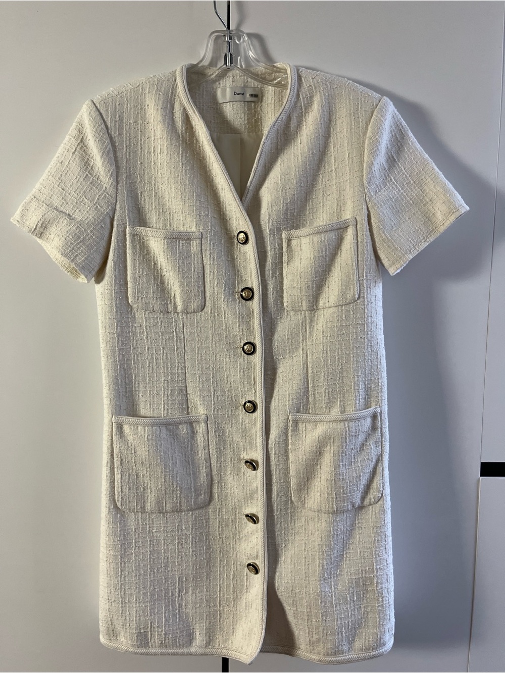 Textured Cream Button-Front Mini Dress with Patch Pockets